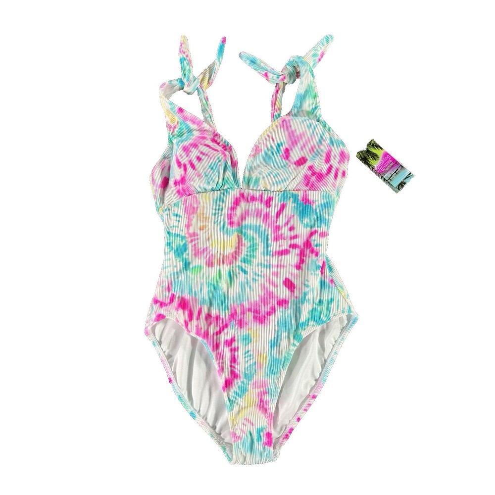 Breaking Waves Women's Rainbow Tie-Dye Ribbed One Piece Swimsuit NWT Medium